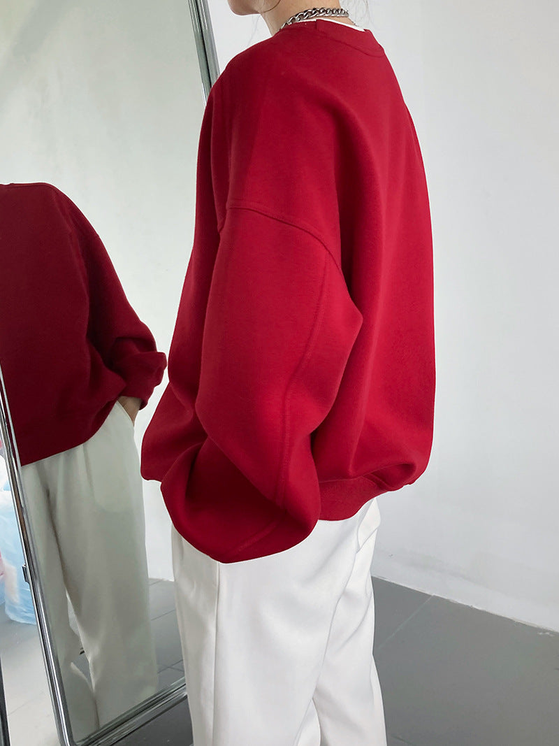 Luxi 2025 Autumn and Winter New Style Velvet Thickeneded Burgundy Sweatshirt for Women Korean Style Normcore Long-Sleeved Pullover Top 2628