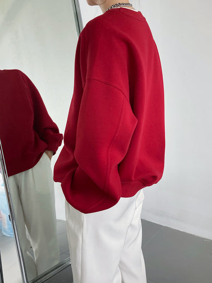 Luxi 2025 Autumn and Winter New Style Velvet Thickeneded Burgundy Sweatshirt for Women Korean Style Normcore Long-Sleeved Pullover Top 2628