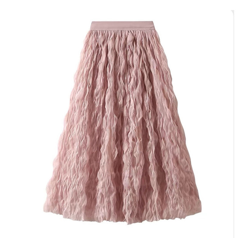 Summer Elegant Wavy Pleated Slimming Look Skirt for Women High Waist Slimming Look Mid-Length A-Line Large Hem Mesh Skirt White