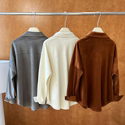 Lushi Japanese-Style Minimalist Thickened Brushed Corduroy Shirt for Women 2025 Autumn Inner Layering Base Shirt 3378
