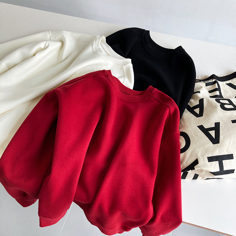 Luxi 2025 Autumn and Winter New Style Velvet Thickeneded Burgundy Sweatshirt for Women Korean Style Normcore Long-Sleeved Pullover Top 2628