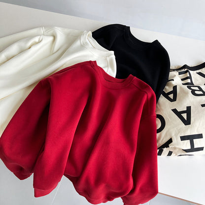 Luxi 2025 Autumn and Winter New Style Velvet Thickeneded Burgundy Sweatshirt for Women Korean Style Normcore Long-Sleeved Pullover Top 2628