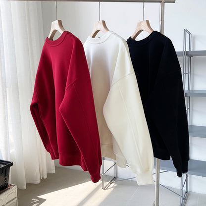 Luxi 2025 Autumn and Winter New Style Velvet Thickeneded Burgundy Sweatshirt for Women Korean Style Normcore Long-Sleeved Pullover Top 2628