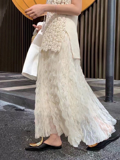 Summer Elegant Wavy Pleated Slimming Look Skirt for Women High Waist Slimming Look Mid-Length A-Line Large Hem Mesh Skirt White