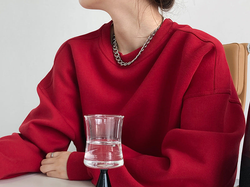 Luxi 2025 Autumn and Winter New Style Velvet Thickeneded Burgundy Sweatshirt for Women Korean Style Normcore Long-Sleeved Pullover Top 2628