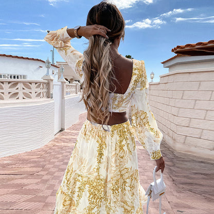 Cross-Border European and American Fashion Women's Clothing Spring and Summer New Long Dress Printed V-Neck Sexy Long-Sleeved Beach Dress