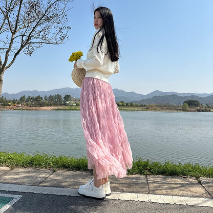 Summer Elegant Wavy Pleated Slimming Look Skirt for Women High Waist Slimming Look Mid-Length A-Line Large Hem Mesh Skirt White