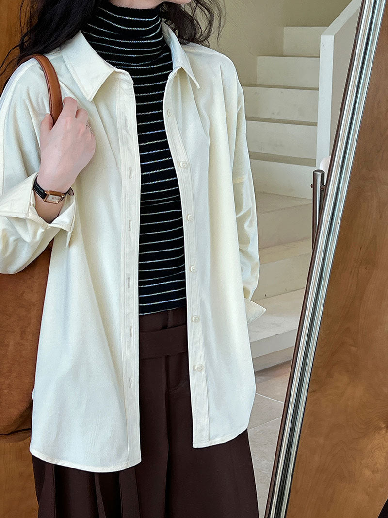 Lushi Japanese-Style Minimalist Thickened Brushed Corduroy Shirt for Women 2025 Autumn Inner Layering Base Shirt 3378