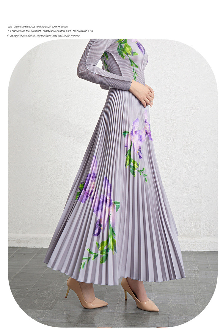 Retro Pleated Fashion Floral Suit Autumn and Winter New Miyake Elastic Top Waist Design Skirt Two-Piece Set