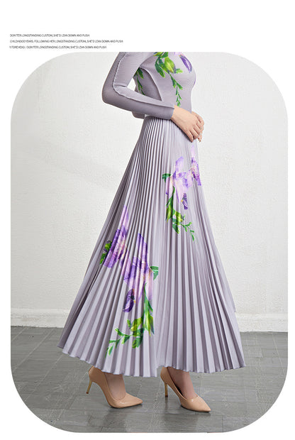 Retro Pleated Fashion Floral Suit Autumn and Winter New Miyake Elastic Top Waist Design Skirt Two-Piece Set