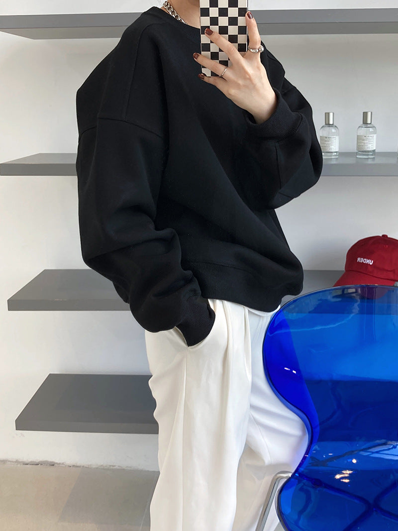 Luxi 2025 Autumn and Winter New Style Velvet Thickeneded Burgundy Sweatshirt for Women Korean Style Normcore Long-Sleeved Pullover Top 2628