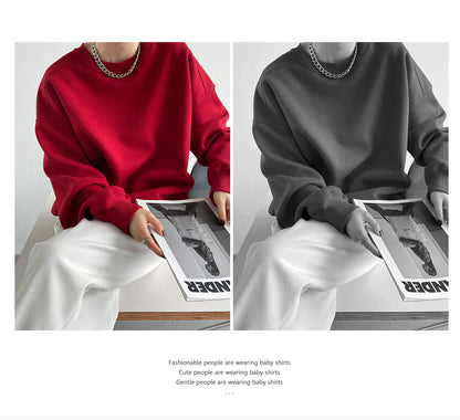 Luxi 2025 Autumn and Winter New Style Velvet Thickeneded Burgundy Sweatshirt for Women Korean Style Normcore Long-Sleeved Pullover Top 2628