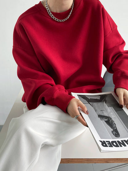 Luxi 2025 Autumn and Winter New Style Velvet Thickeneded Burgundy Sweatshirt for Women Korean Style Normcore Long-Sleeved Pullover Top 2628