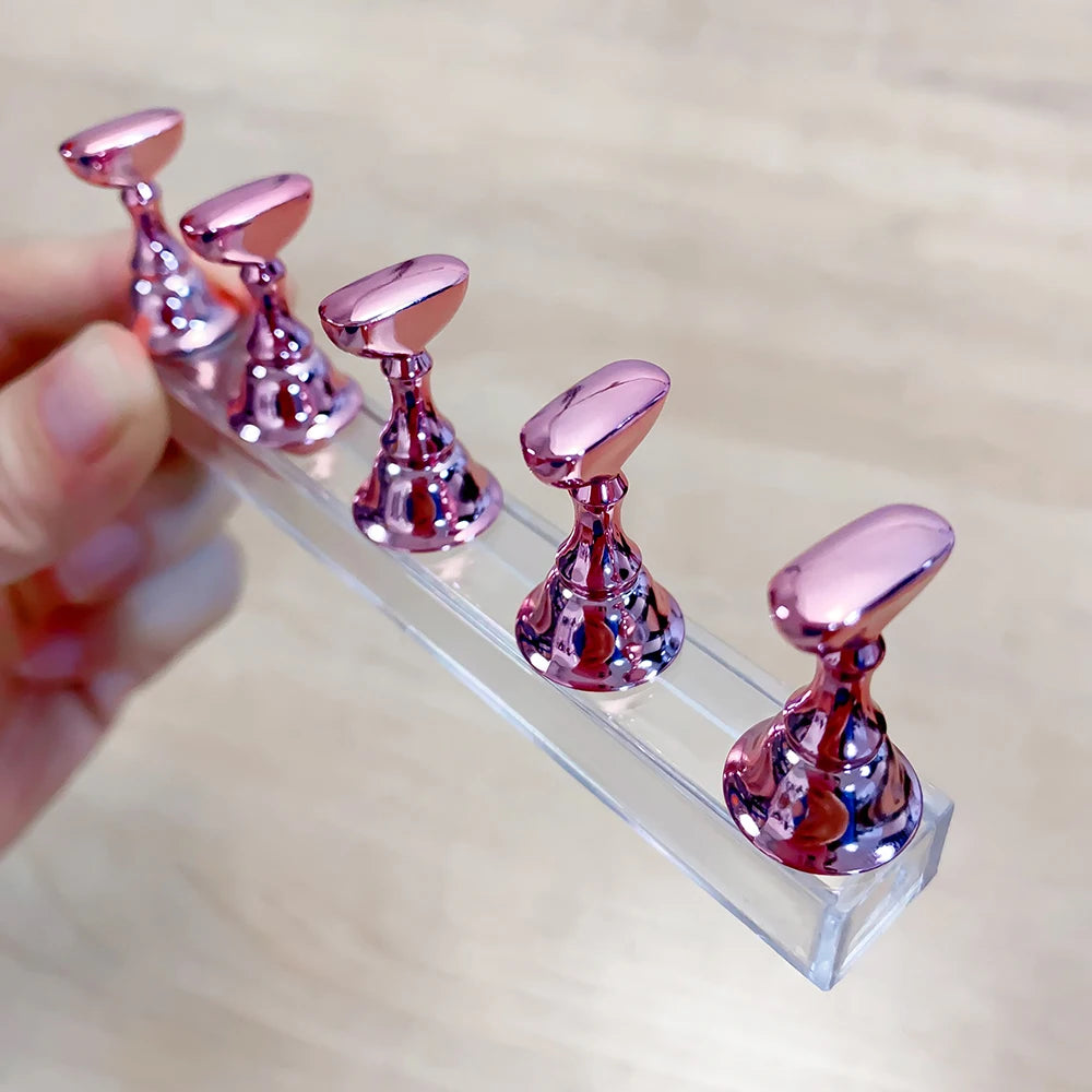 5pcs/set Metallic Pink Magnetic Nail Stand for Nail Practice Painting Display Press-on False Nail Display Holder Practice Tools