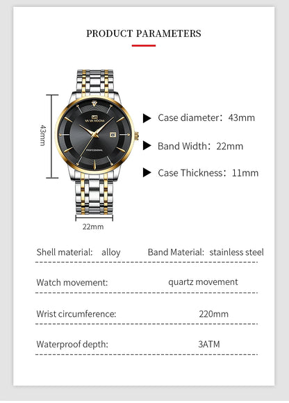2024 New Men Watch Stainless Steel Business Style Luxury Rhinestone 43mm Blue Gold Quartz Movement Wristwatch Relogios Masculino