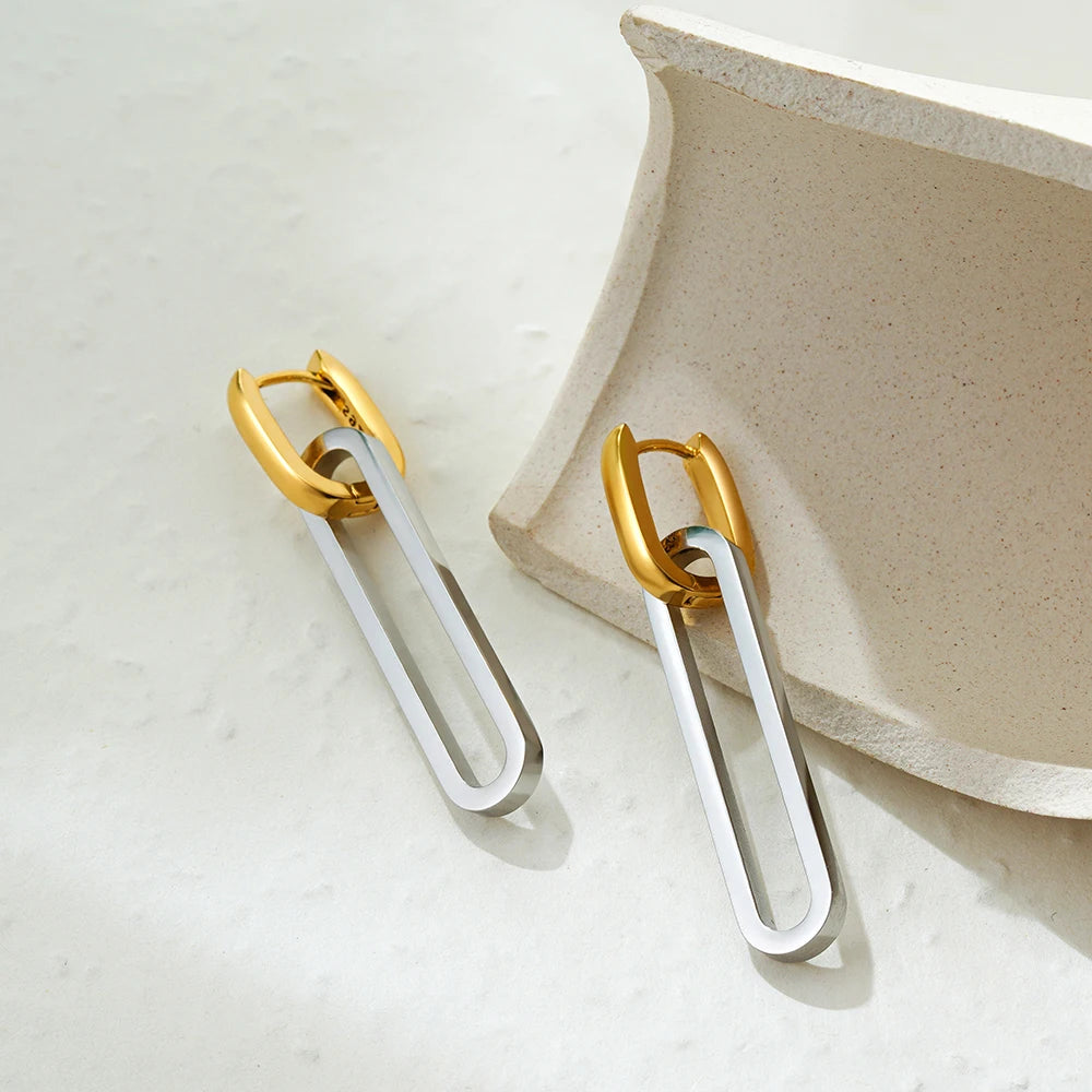 Fashion Gold Silver Color Double Loop Design Square Long Hoop Earrings Removable Punk Hip Hop Round Huggie Jewelry for Women