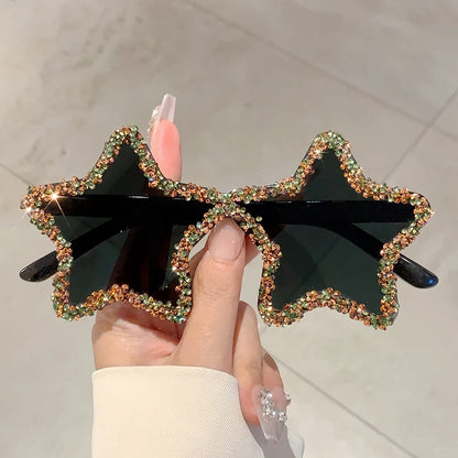 KAMMPT Chic Stars Design Pink Shades Women Rhinestone Shiny Trends Decor Sun Glasses New Ins Brand Holiday Beach Sunglasses