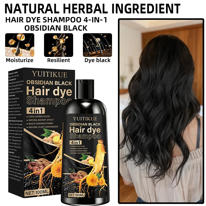 100ml hair dye shampoo, made with natural plant pigments, scalp-friendly, quickly covers gray hair to provide black color