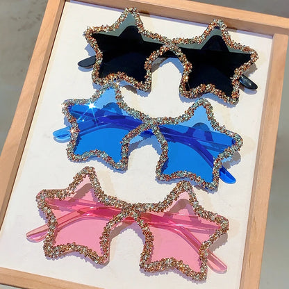 KAMMPT Chic Stars Design Pink Shades Women Rhinestone Shiny Trends Decor Sun Glasses New Ins Brand Holiday Beach Sunglasses