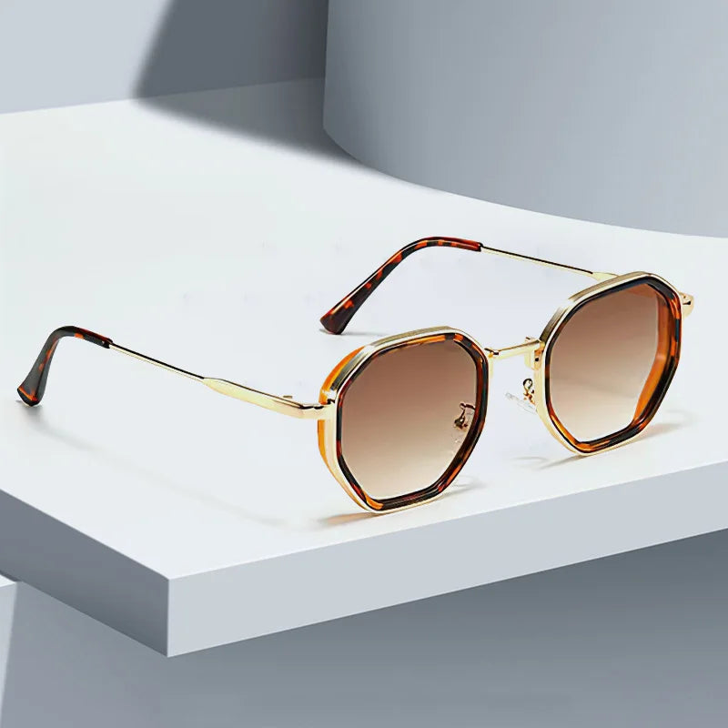 2025 New in Vintage Sunglasses for Women Modern Fashionable Octagonal Glasses with Black Lenses Golden Edging Sun Glasses