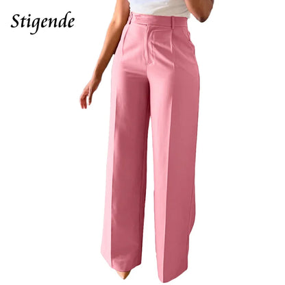 Stigende Wide Leg Straight Dress Pants with Pocket Women Plain Color Business Casual Pants Loose Fit Midi Waist Office Trousers