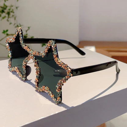 KAMMPT Chic Stars Design Pink Shades Women Rhinestone Shiny Trends Decor Sun Glasses New Ins Brand Holiday Beach Sunglasses