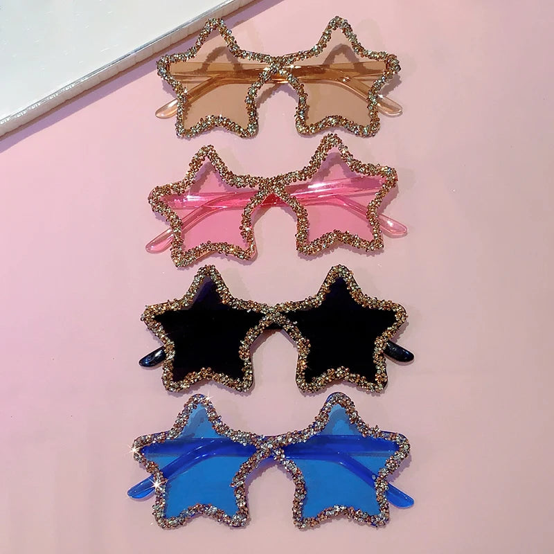 KAMMPT Chic Stars Design Pink Shades Women Rhinestone Shiny Trends Decor Sun Glasses New Ins Brand Holiday Beach Sunglasses