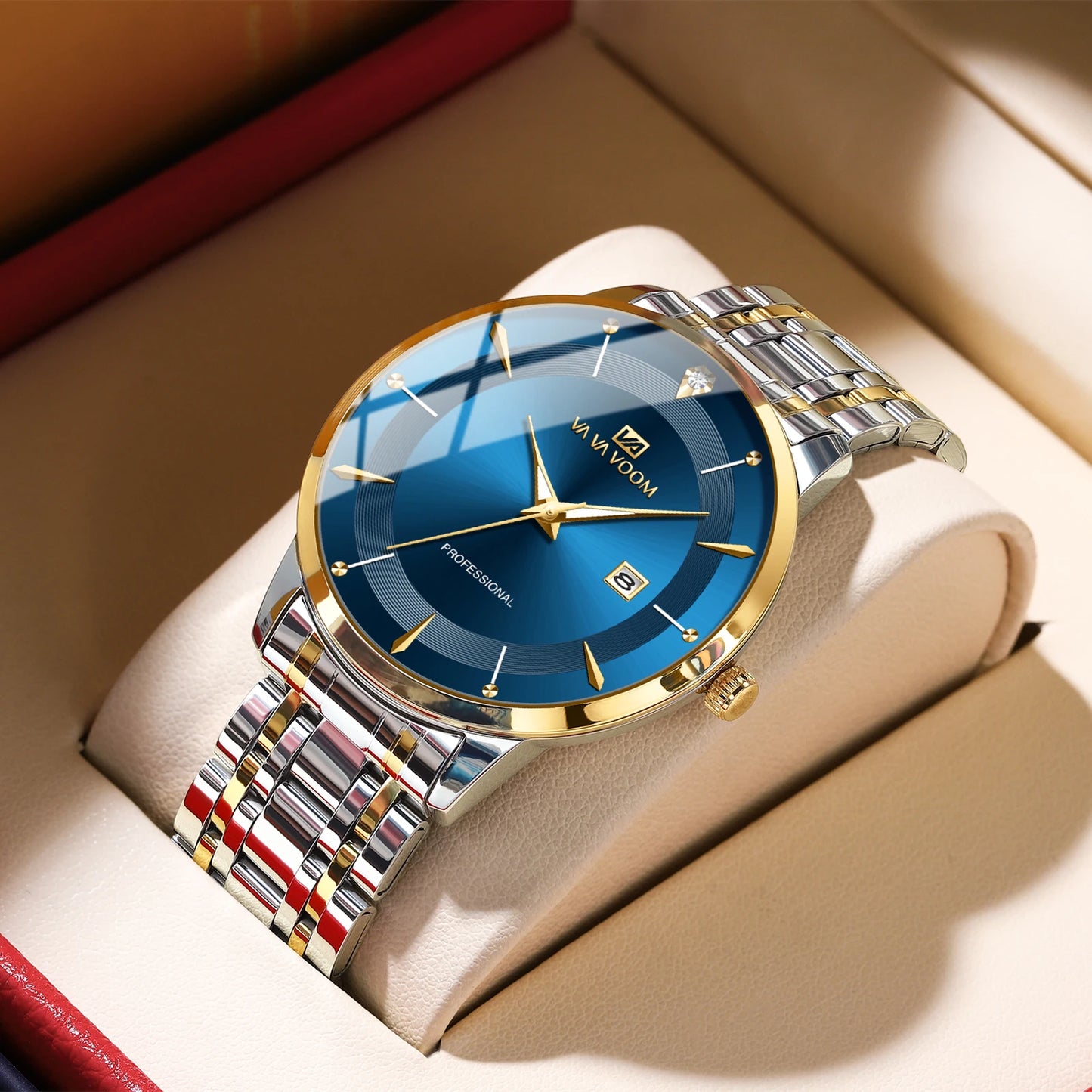 2024 New Men Watch Stainless Steel Business Style Luxury Rhinestone 43mm Blue Gold Quartz Movement Wristwatch Relogios Masculino