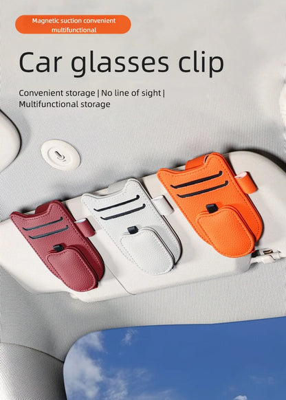Magnetic Car Sunglasses Holder Sun Visor Glasses Clip PU Eyeglasses Hanger Portable Ticket Card Clip Auto Accessories