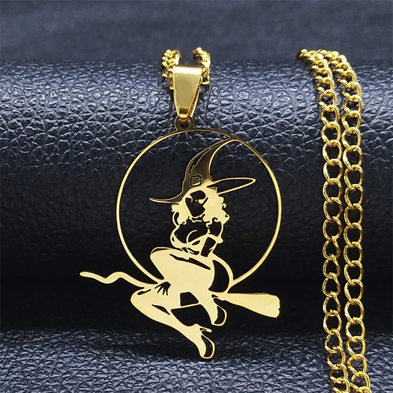 Wicca Witch Stainless Steel Choker Necklace Witchcraft Supplies for Spells Necklace Hollow Pendant for Women Punk Jewelry N4444S