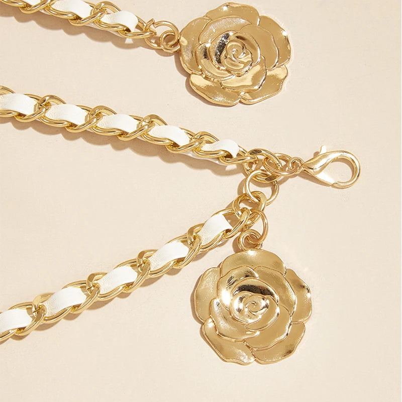 High Quality Metal Waist Chain Belts For Women Round Flower Pendant Chain Strap Rope Female Fine Waistband Dress Shirt Decoratio