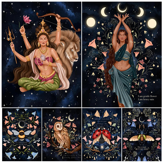 Wicca Witch,Goddess,Beetle,Bee,Wall Art Canvas Painting Mysterious Witchcraft Element Art Poster And Print Home Decor Unframed