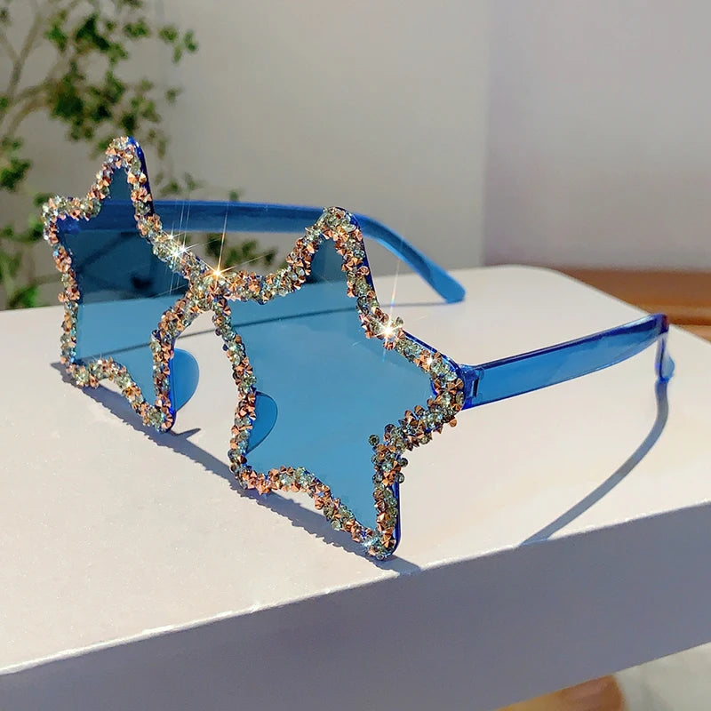 KAMMPT Chic Stars Design Pink Shades Women Rhinestone Shiny Trends Decor Sun Glasses New Ins Brand Holiday Beach Sunglasses