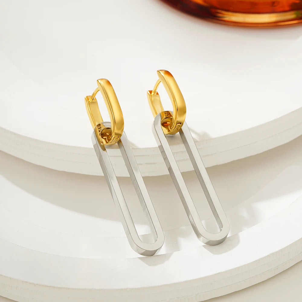 Fashion Gold Silver Color Double Loop Design Square Long Hoop Earrings Removable Punk Hip Hop Round Huggie Jewelry for Women