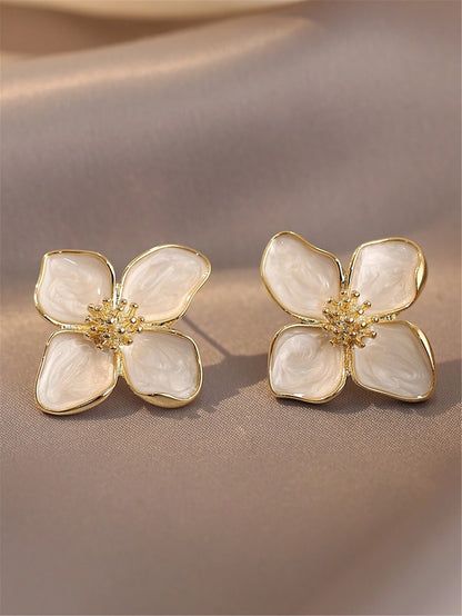 Hibiscus Dropped Glaze Flower Stud Earrings for Women Girl French Ins Vintage 2023 Fashion Korean Wedding Romantic Jewelry Gifts