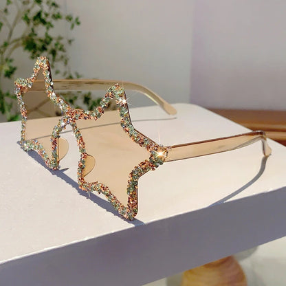 KAMMPT Chic Stars Design Pink Shades Women Rhinestone Shiny Trends Decor Sun Glasses New Ins Brand Holiday Beach Sunglasses