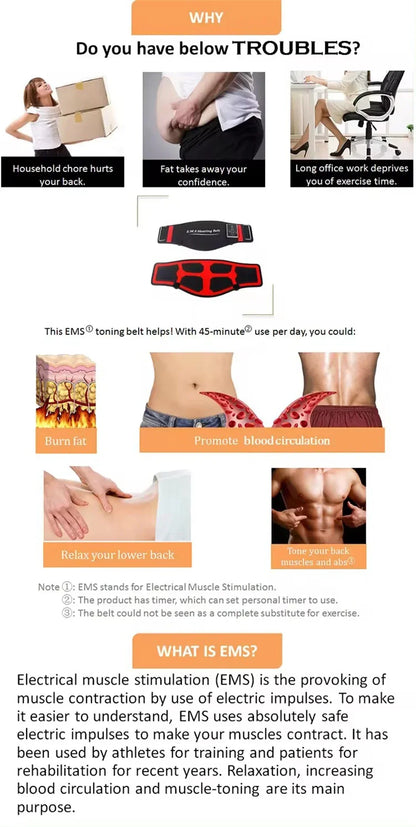 EMS Abdominal Toning Belt Electric Muscle Stimulation Muscle Toner Portable Fitness Massager Waist Trainer Body Slimming Shaping