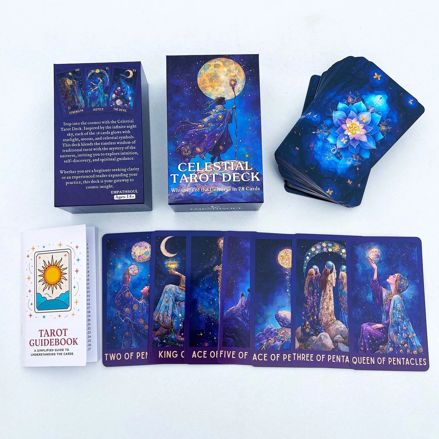 Celestial Tarot Deck, 78 English Tarot Cards with Guidebook, Beginner To Experienced, Wisdom of Traditional Tarot, 12x7cm