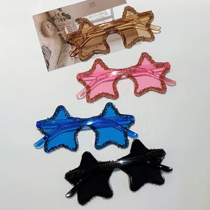 KAMMPT Chic Stars Design Pink Shades Women Rhinestone Shiny Trends Decor Sun Glasses New Ins Brand Holiday Beach Sunglasses