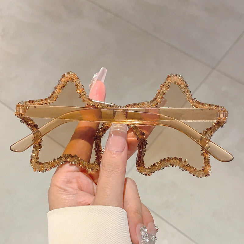 KAMMPT Chic Stars Design Pink Shades Women Rhinestone Shiny Trends Decor Sun Glasses New Ins Brand Holiday Beach Sunglasses