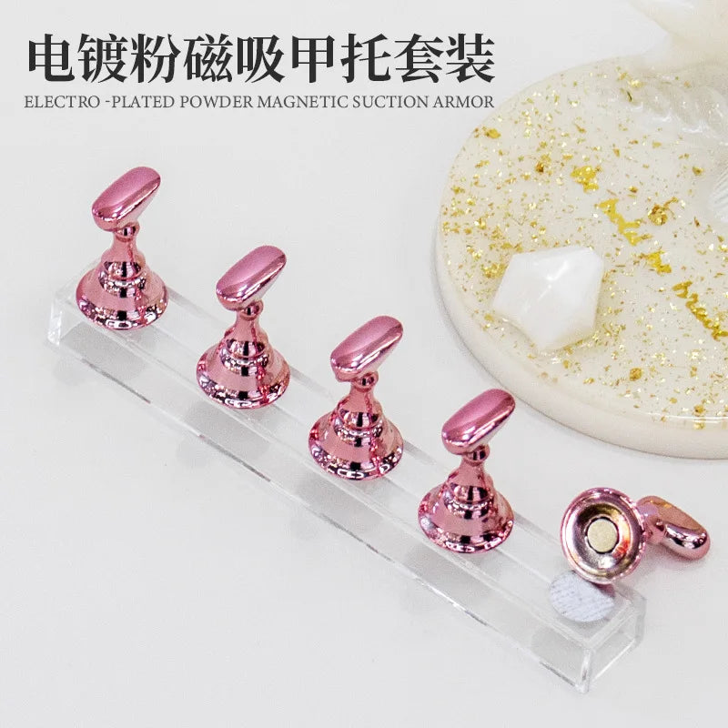 5pcs/set Metallic Pink Magnetic Nail Stand for Nail Practice Painting Display Press-on False Nail Display Holder Practice Tools
