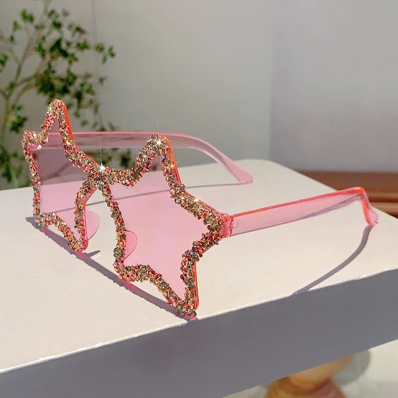 KAMMPT Chic Stars Design Pink Shades Women Rhinestone Shiny Trends Decor Sun Glasses New Ins Brand Holiday Beach Sunglasses