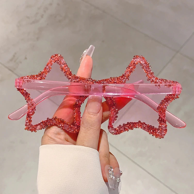 KAMMPT Chic Stars Design Pink Shades Women Rhinestone Shiny Trends Decor Sun Glasses New Ins Brand Holiday Beach Sunglasses