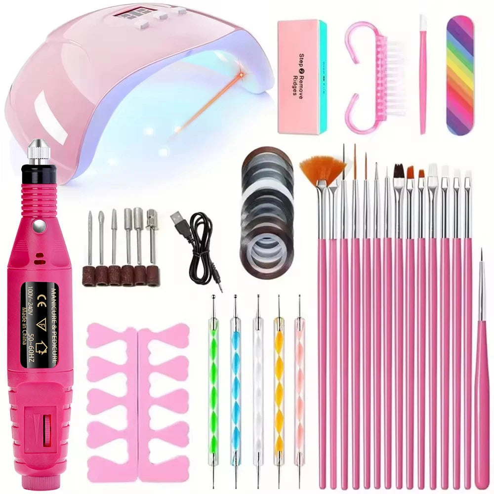YIKOOLIN Professional Nail Art Kit With LED UV Nail Lamp Gel Curing Machine Electric Nail File Drill Manicure Tools Set