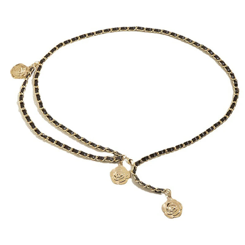 High Quality Metal Waist Chain Belts For Women Round Flower Pendant Chain Strap Rope Female Fine Waistband Dress Shirt Decoratio