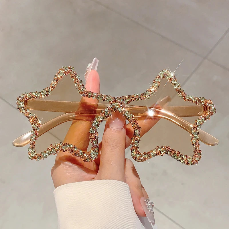 KAMMPT Chic Stars Design Pink Shades Women Rhinestone Shiny Trends Decor Sun Glasses New Ins Brand Holiday Beach Sunglasses