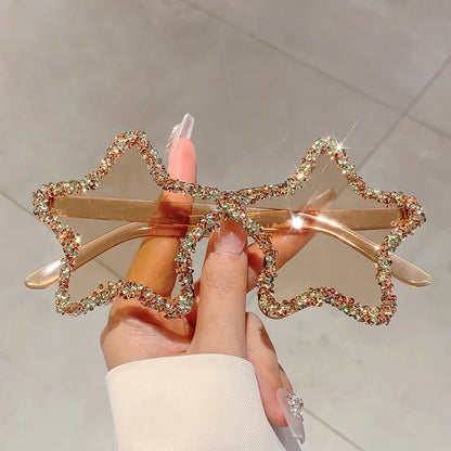 KAMMPT Chic Stars Design Pink Shades Women Rhinestone Shiny Trends Decor Sun Glasses New Ins Brand Holiday Beach Sunglasses