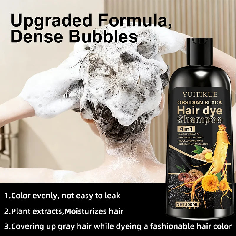 100ml hair dye shampoo, made with natural plant pigments, scalp-friendly, quickly covers gray hair to provide black color