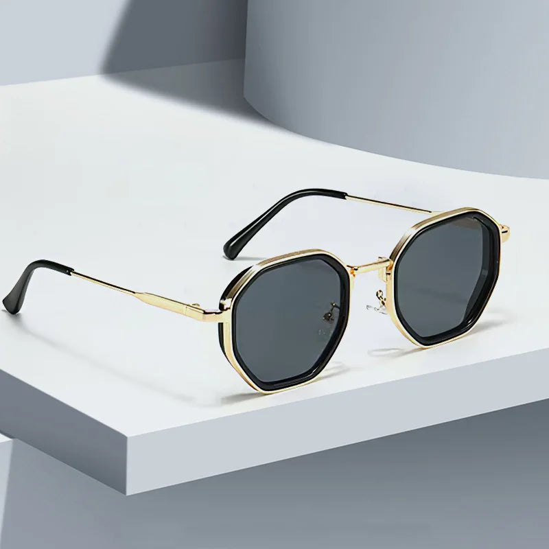 2025 New in Vintage Sunglasses for Women Modern Fashionable Octagonal Glasses with Black Lenses Golden Edging Sun Glasses