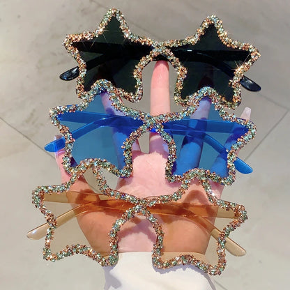 KAMMPT Chic Stars Design Pink Shades Women Rhinestone Shiny Trends Decor Sun Glasses New Ins Brand Holiday Beach Sunglasses
